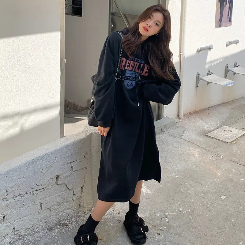 Women Long Hooded Sweatshirt Dress Beige Fleece 2025