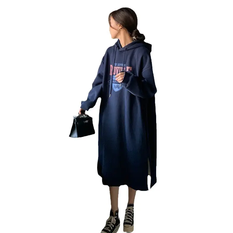 Women Long Hooded Sweatshirt Dress Beige Fleece 2025