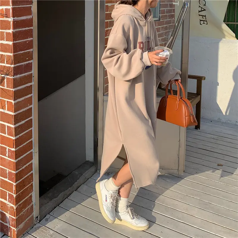 Women Long Hooded Sweatshirt Dress Beige Fleece 2025 — feature 10