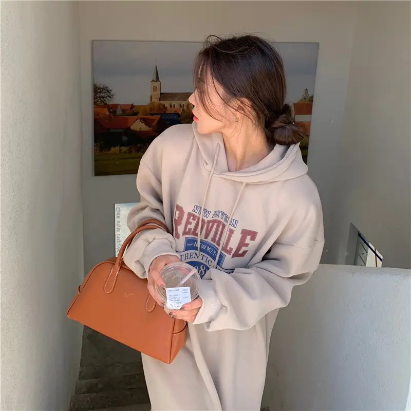 Women Long Hooded Sweatshirt Dress Beige Fleece 2025 — feature 11