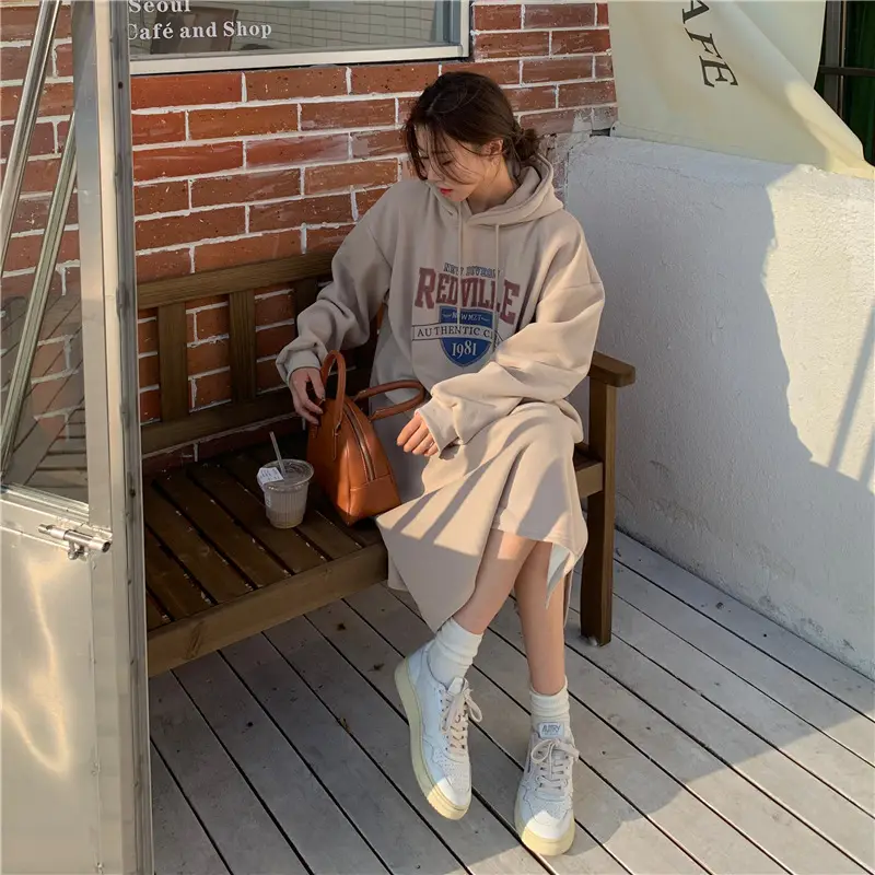 Women Long Hooded Sweatshirt Dress Beige Fleece 2025 — feature 12