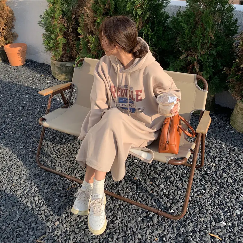 Women Long Hooded Sweatshirt Dress Beige Fleece 2025 — feature 14