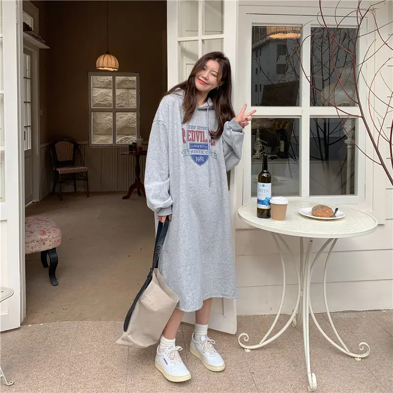 Women Long Hooded Sweatshirt Dress Beige Fleece 2025 — feature 16