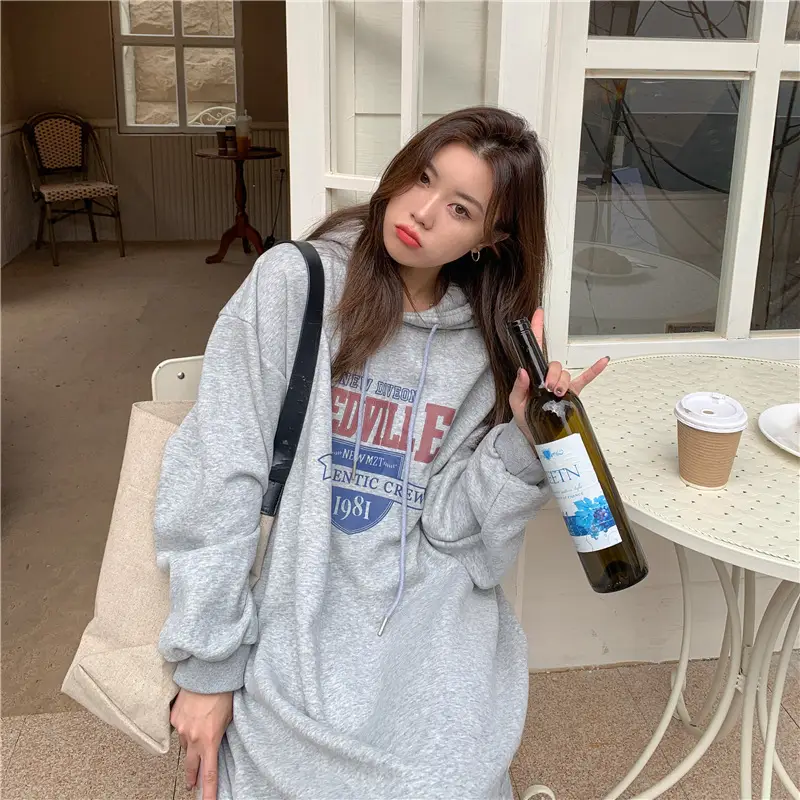Women Long Hooded Sweatshirt Dress Beige Fleece 2025 — feature 19