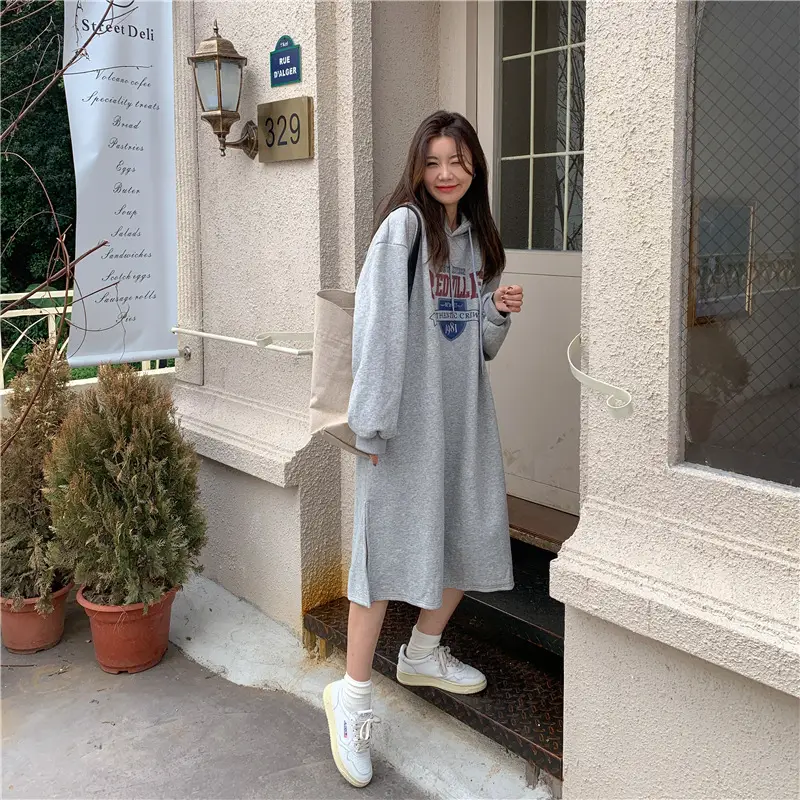 Women Long Hooded Sweatshirt Dress Beige Fleece 2025 — feature 20