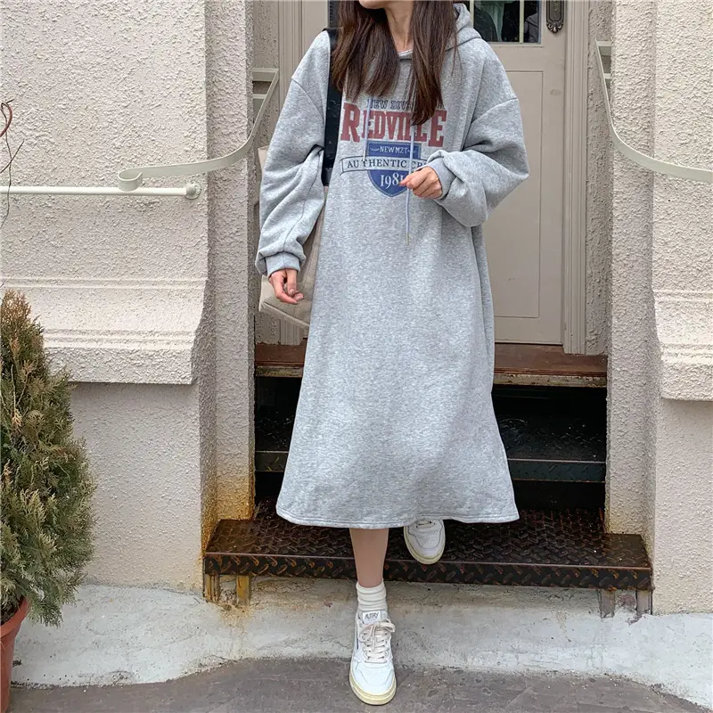 Women Long Hooded Sweatshirt Dress Beige Fleece 2025 — feature 21