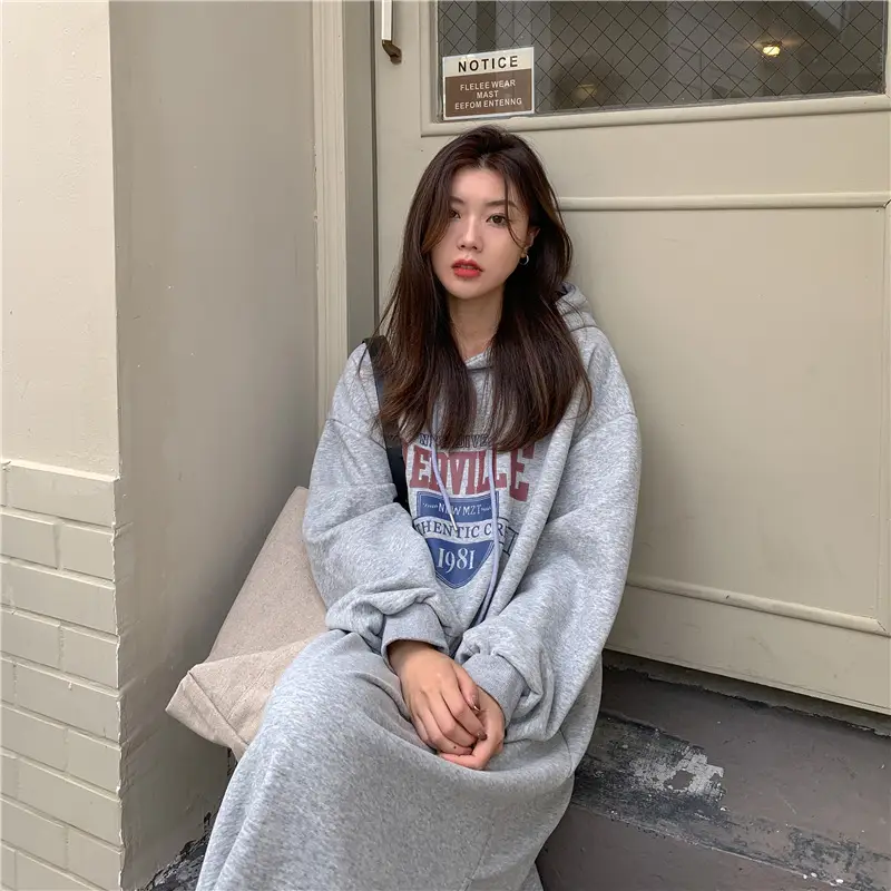 Women Long Hooded Sweatshirt Dress Beige Fleece 2025 — feature 22