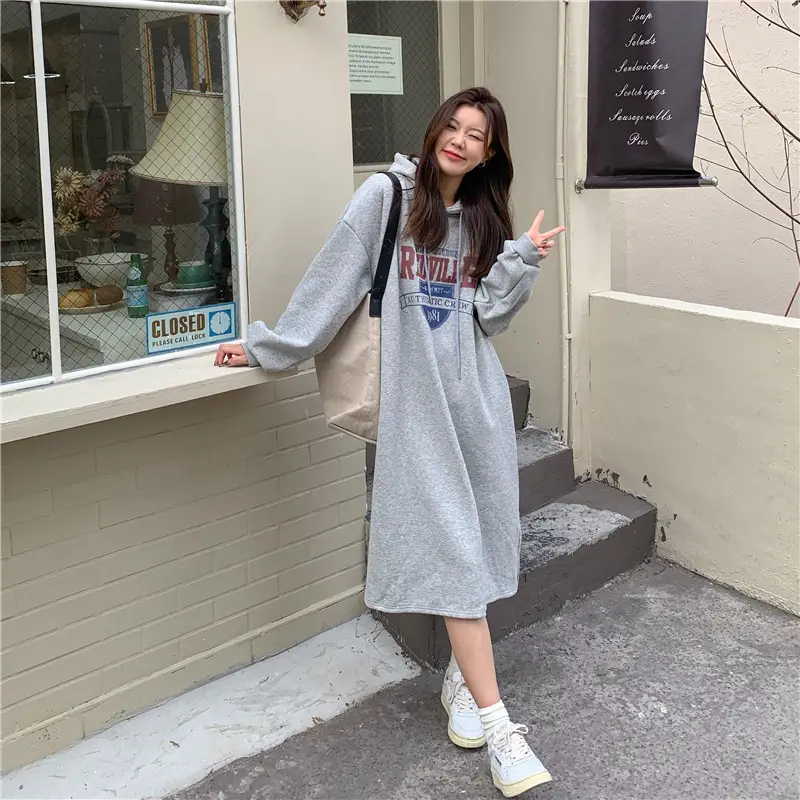 Women Long Hooded Sweatshirt Dress Beige Fleece 2025 — feature 23