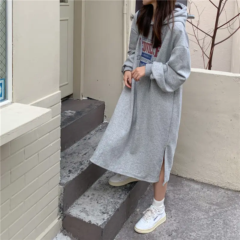 Women Long Hooded Sweatshirt Dress Beige Fleece 2025 — feature 24