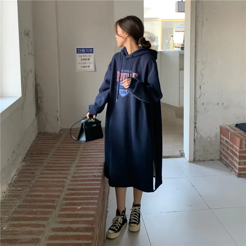 Women Long Hooded Sweatshirt Dress Beige Fleece 2025 — feature 25