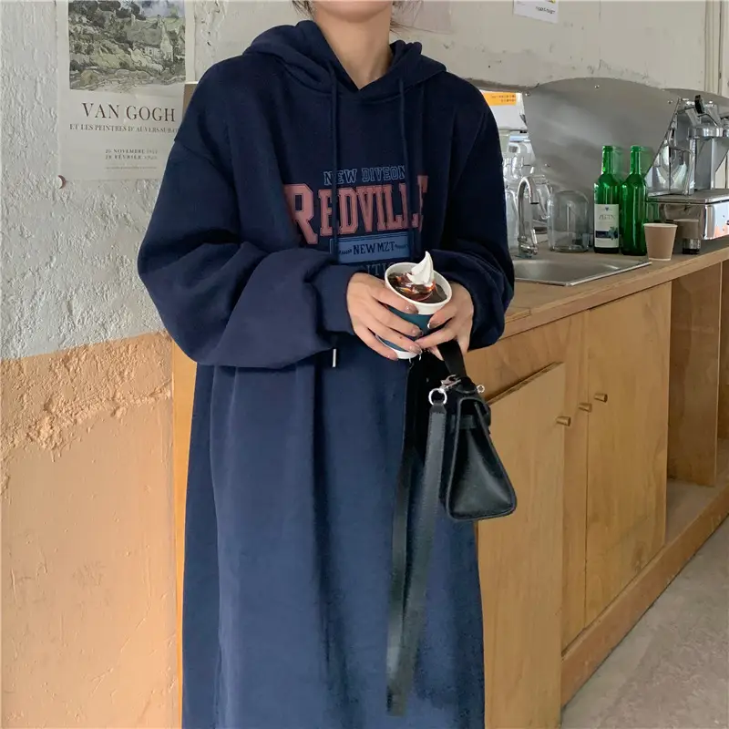 Women Long Hooded Sweatshirt Dress Beige Fleece 2025 — feature 28
