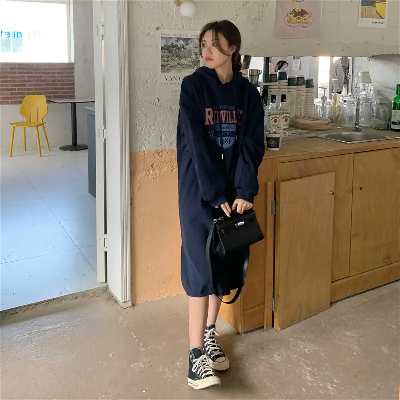 Women Long Hooded Sweatshirt Dress Beige Fleece 2025 — feature 29