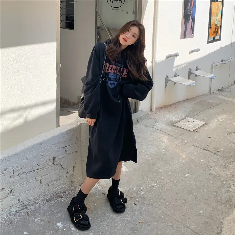 Women Long Hooded Sweatshirt Dress Beige Fleece 2025 — feature 3