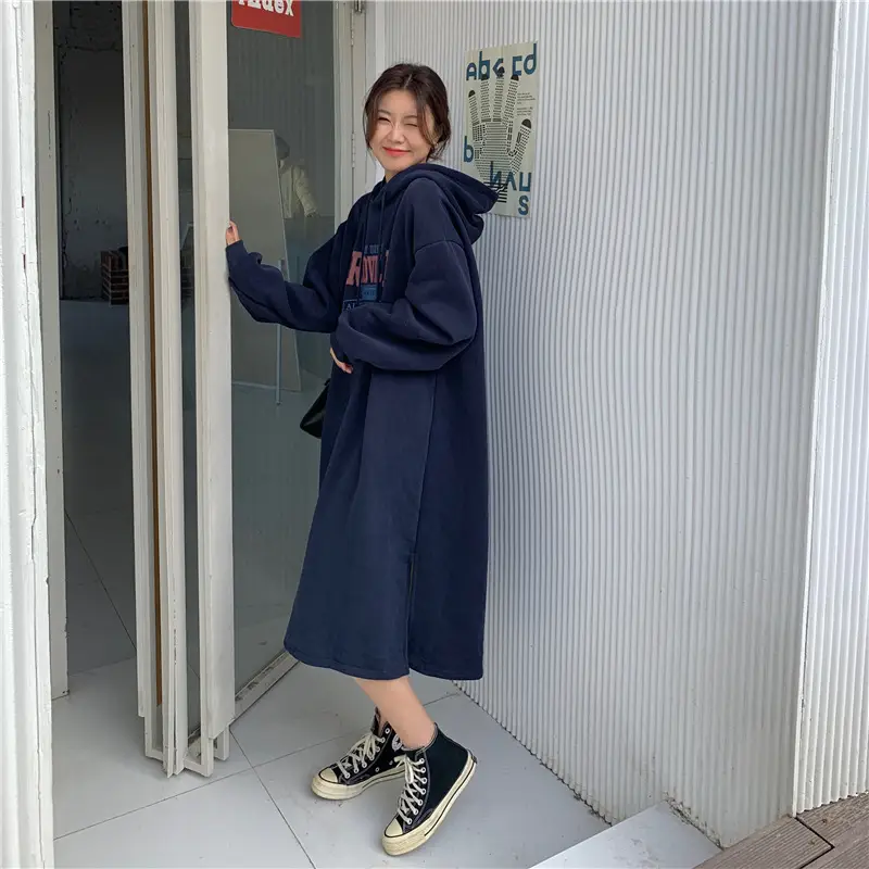 Women Long Hooded Sweatshirt Dress Beige Fleece 2025 — feature 31