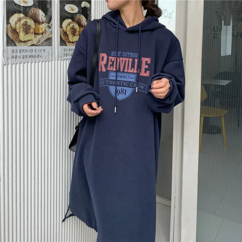 Women Long Hooded Sweatshirt Dress Beige Fleece 2025 — feature 32