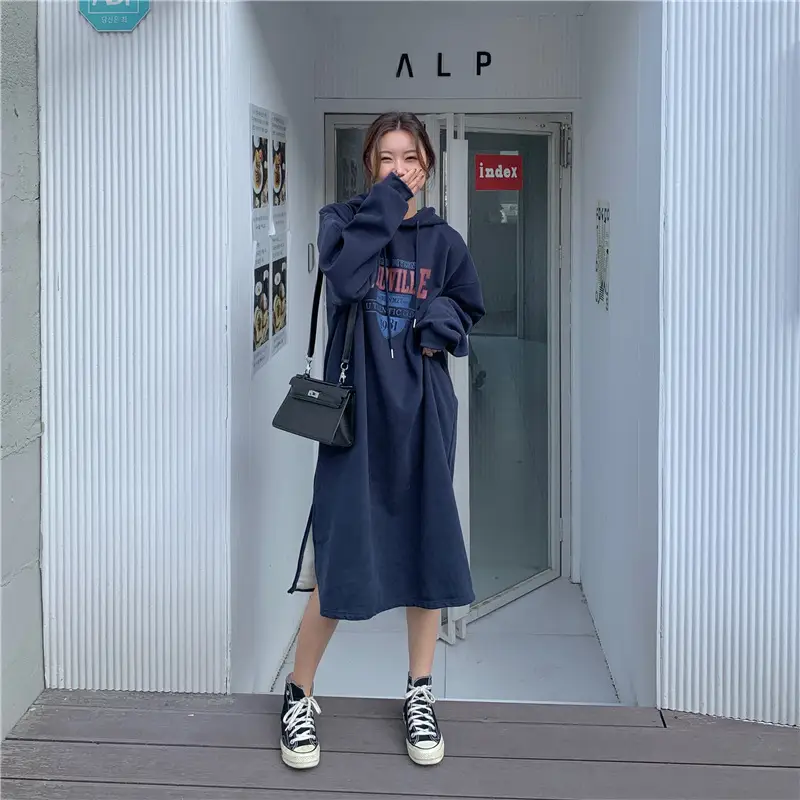 Women Long Hooded Sweatshirt Dress Beige Fleece 2025 — feature 33