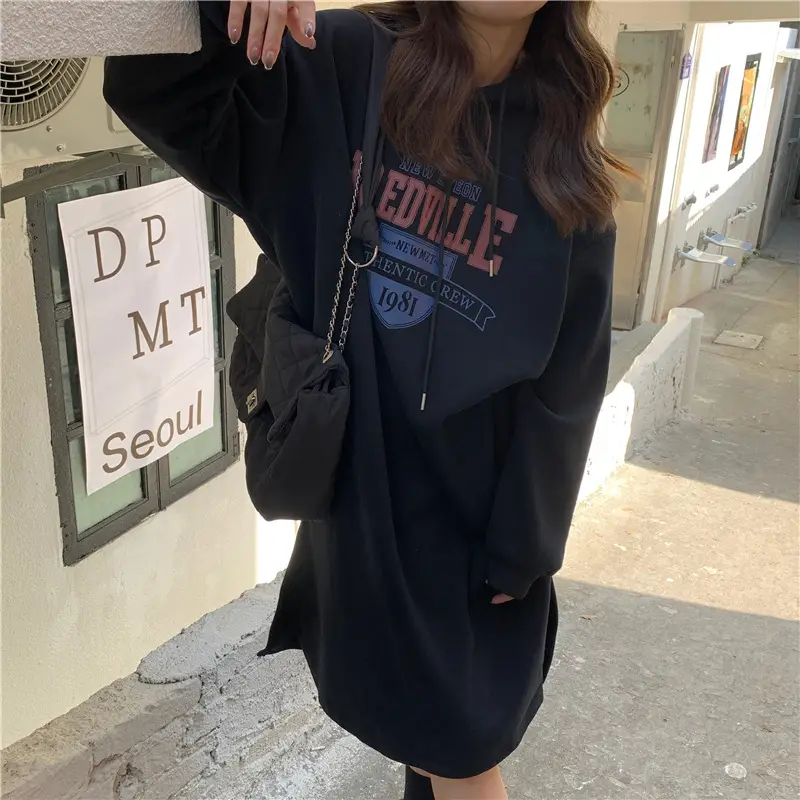 Women Long Hooded Sweatshirt Dress Beige Fleece 2025 — feature 5