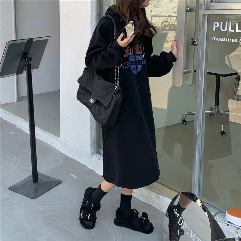 Women Long Hooded Sweatshirt Dress Beige Fleece 2025 — feature 8