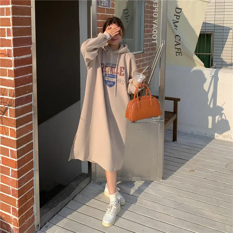 Women Long Hooded Sweatshirt Dress Beige Fleece 2025 — feature 9