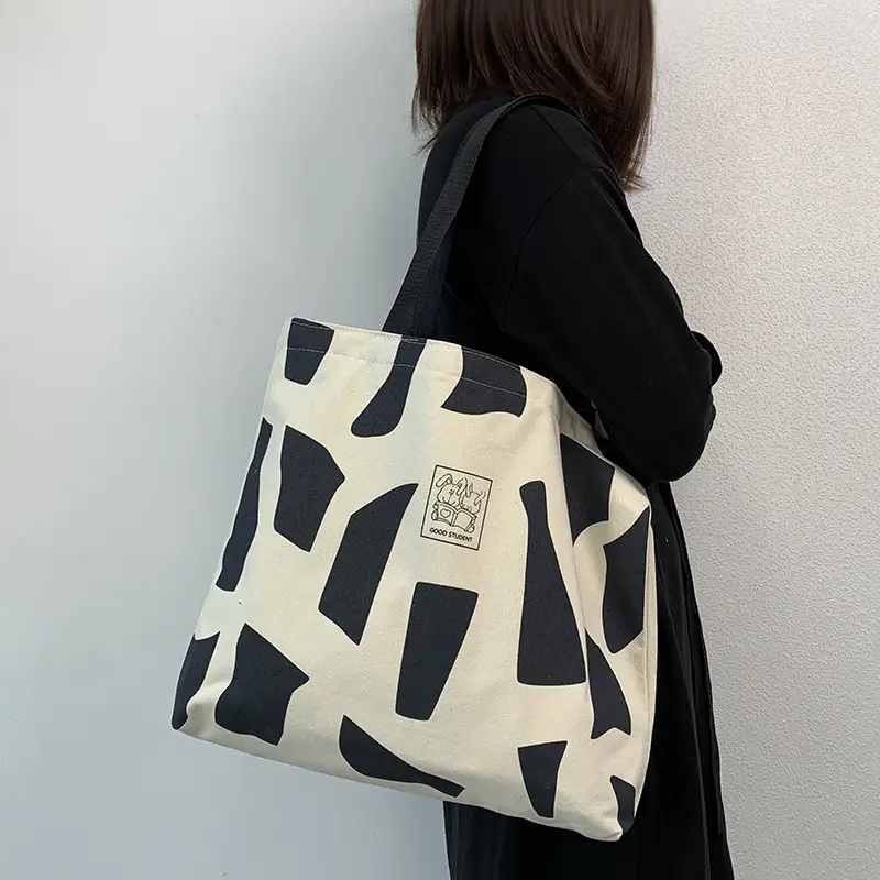 Women Canvas Tote Bag Black White Checkered One Shoulder — feature 5