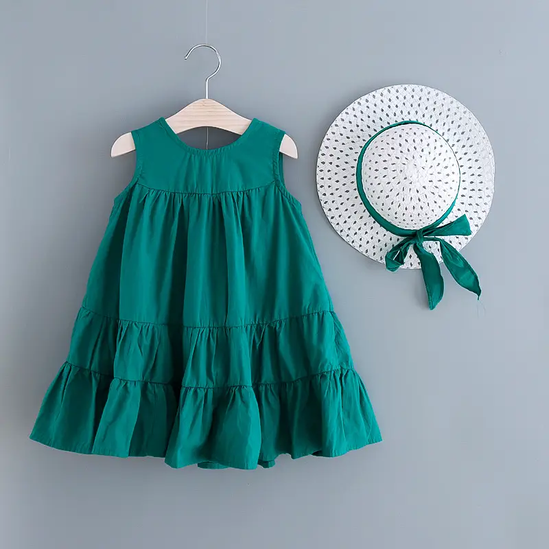 Girls Summer Sleeveless Green Dress with Hat
