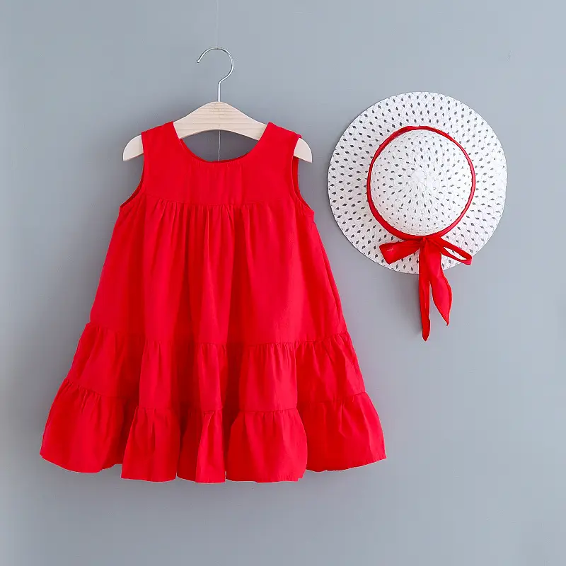 Girls Summer Sleeveless Green Dress with Hat