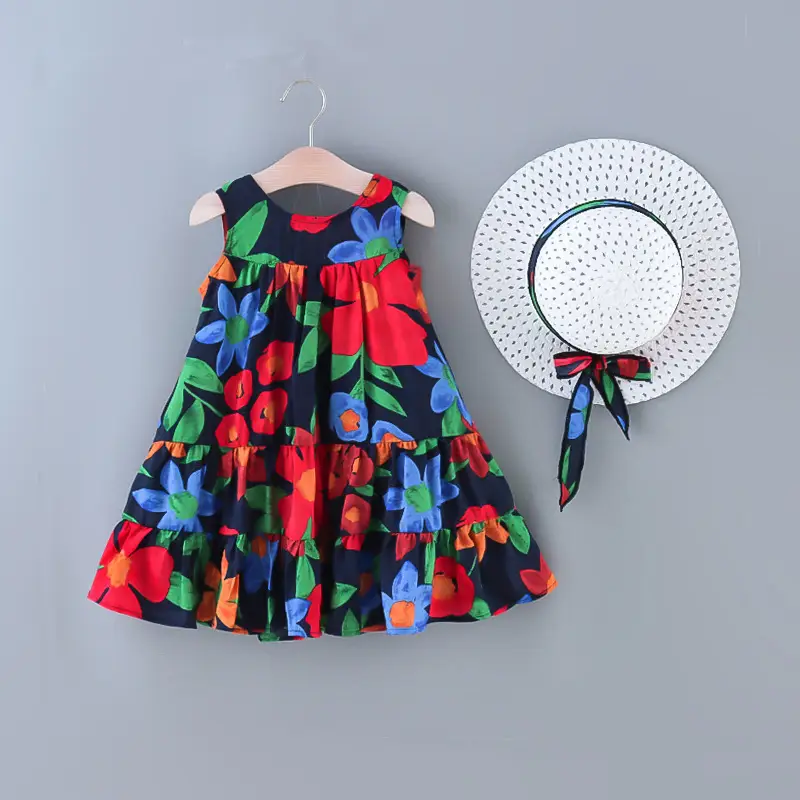 Girls Summer Sleeveless Green Dress with Hat