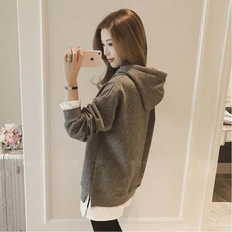Women Fleece Lined Hoodie Mid Length Grey White - Image 8