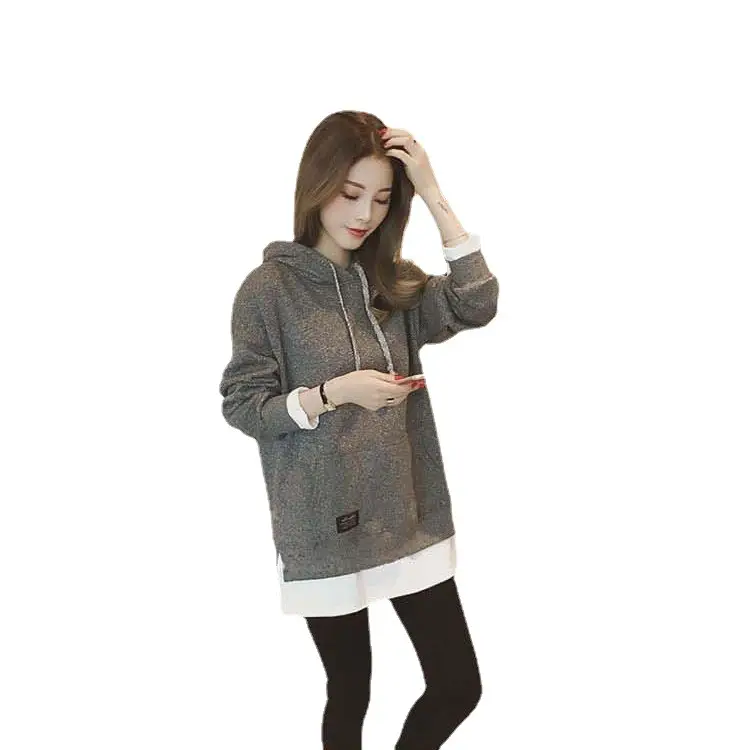 Women Fleece Lined Hoodie Mid Length Grey White - Image 9