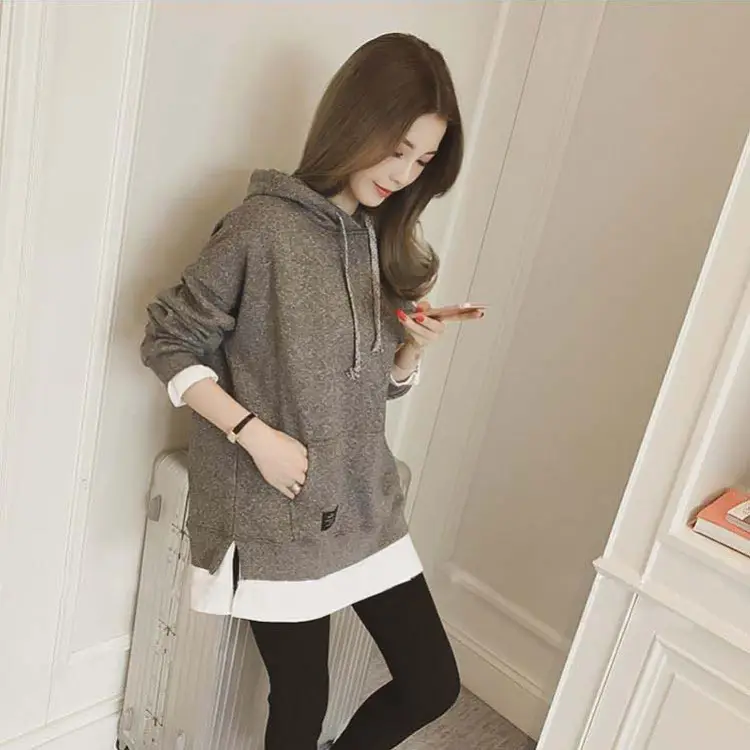 Women Fleece Lined Hoodie Mid Length Grey White — feature 10