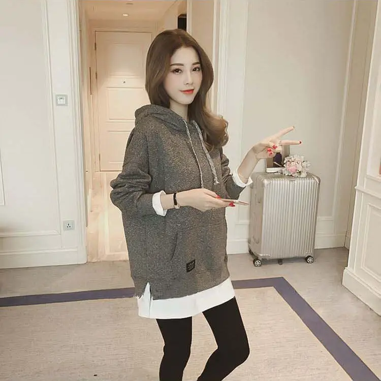 Women Fleece Lined Hoodie Mid Length Grey White — feature 11