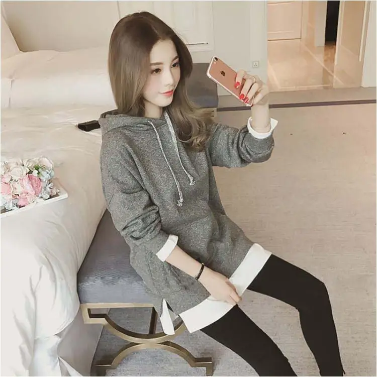 Women Fleece Lined Hoodie Mid Length Grey White — feature 12