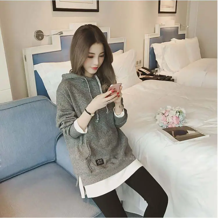 Women Fleece Lined Hoodie Mid Length Grey White — feature 13