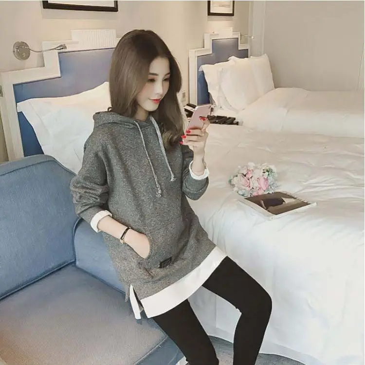 Women Fleece Lined Hoodie Mid Length Grey White — feature 14