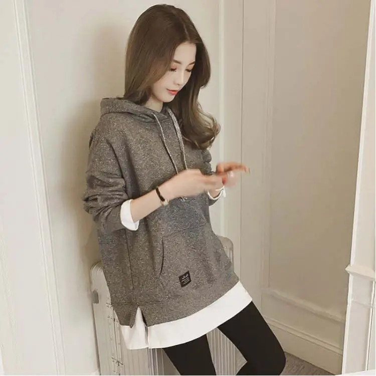 Women Fleece Lined Hoodie Mid Length Grey White — feature 15