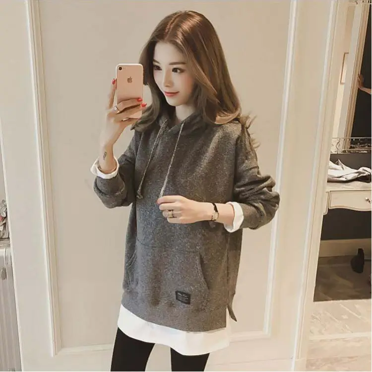 Women Fleece Lined Hoodie Mid Length Grey White — feature 16