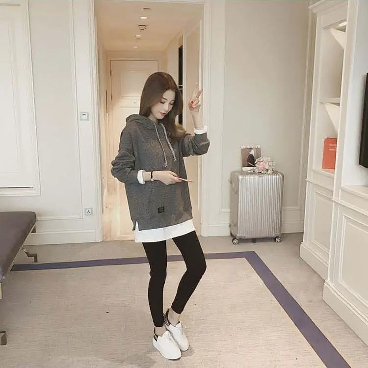 Women Fleece Lined Hoodie Mid Length Grey White — feature 17