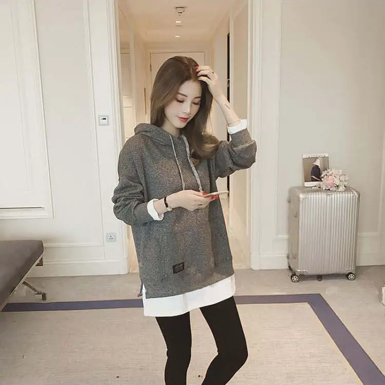 Women Fleece Lined Hoodie Mid Length Grey White — feature 18