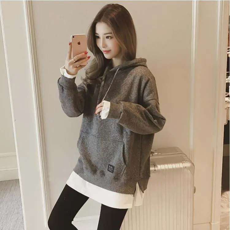 Women Fleece Lined Hoodie Mid Length Grey White — feature 8