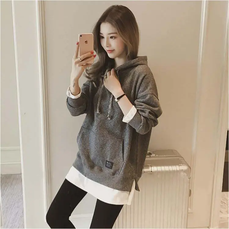 Women Fleece Lined Hoodie Mid Length Grey White — feature 9