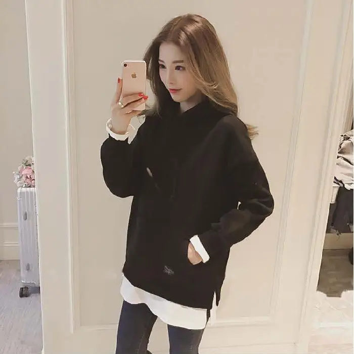 Women Fleece Lined Hoodie Mid Length Grey White - Image 2