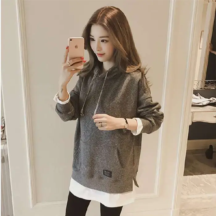 Women Fleece Lined Hoodie Mid Length Grey White - Image 3