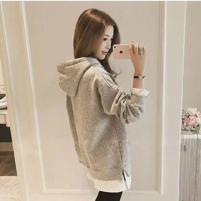 Women Fleece Lined Hoodie Mid Length Grey White - Image 4
