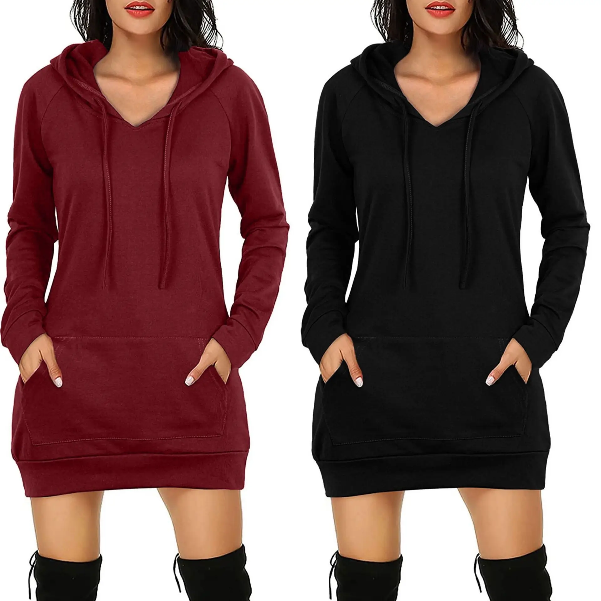 Black Fleece Hoodie Dress for Women Mid-Length Long Sleeve - Image 3
