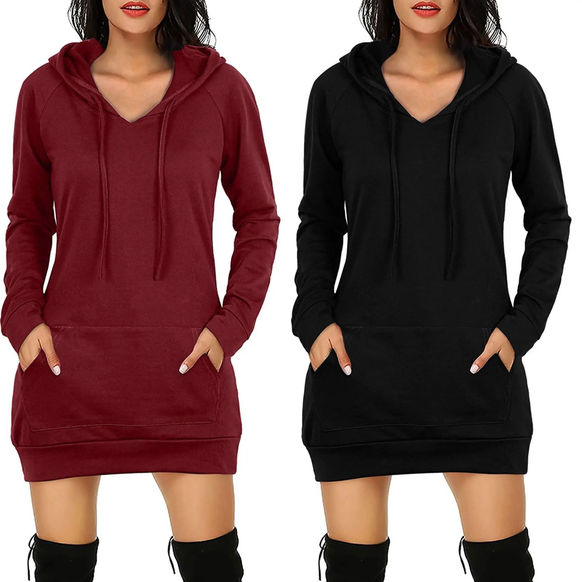 Black Fleece Hoodie Dress for Women Mid-Length Long Sleeve — feature 2