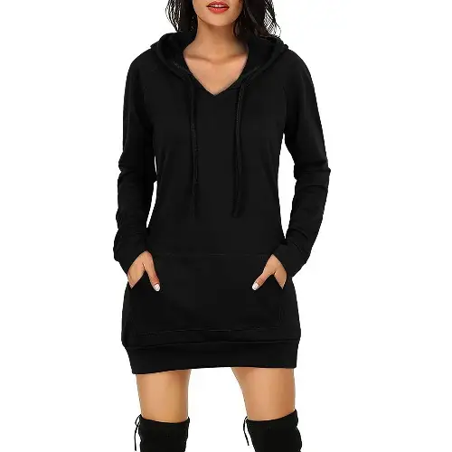 Black Fleece Hoodie Dress for Women Mid-Length Long Sleeve - Image 2