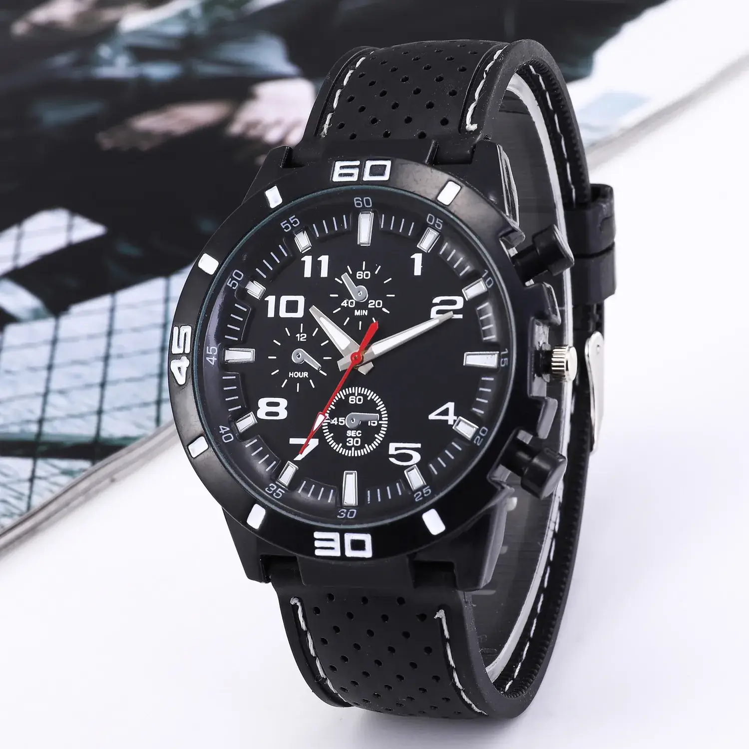 Men's Black Chronograph Silicone Strap Watch with Red Accents - Image 8