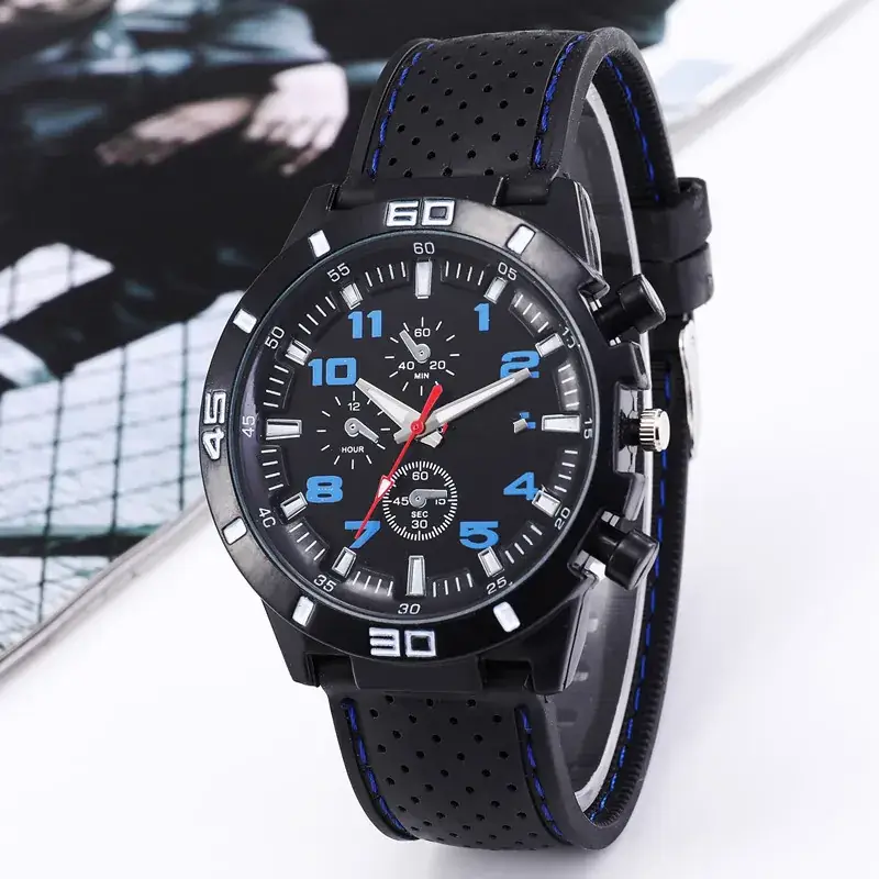 Men's Black Chronograph Silicone Strap Watch with Red Accents - Image 10
