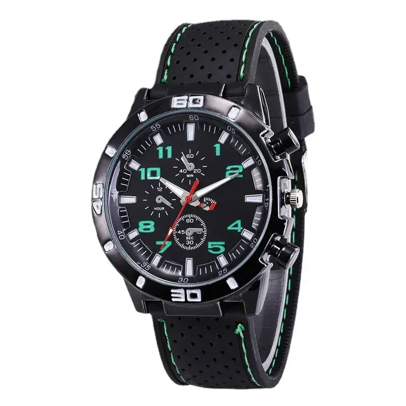 Men's Black Chronograph Silicone Strap Watch with Red Accents - Image 11