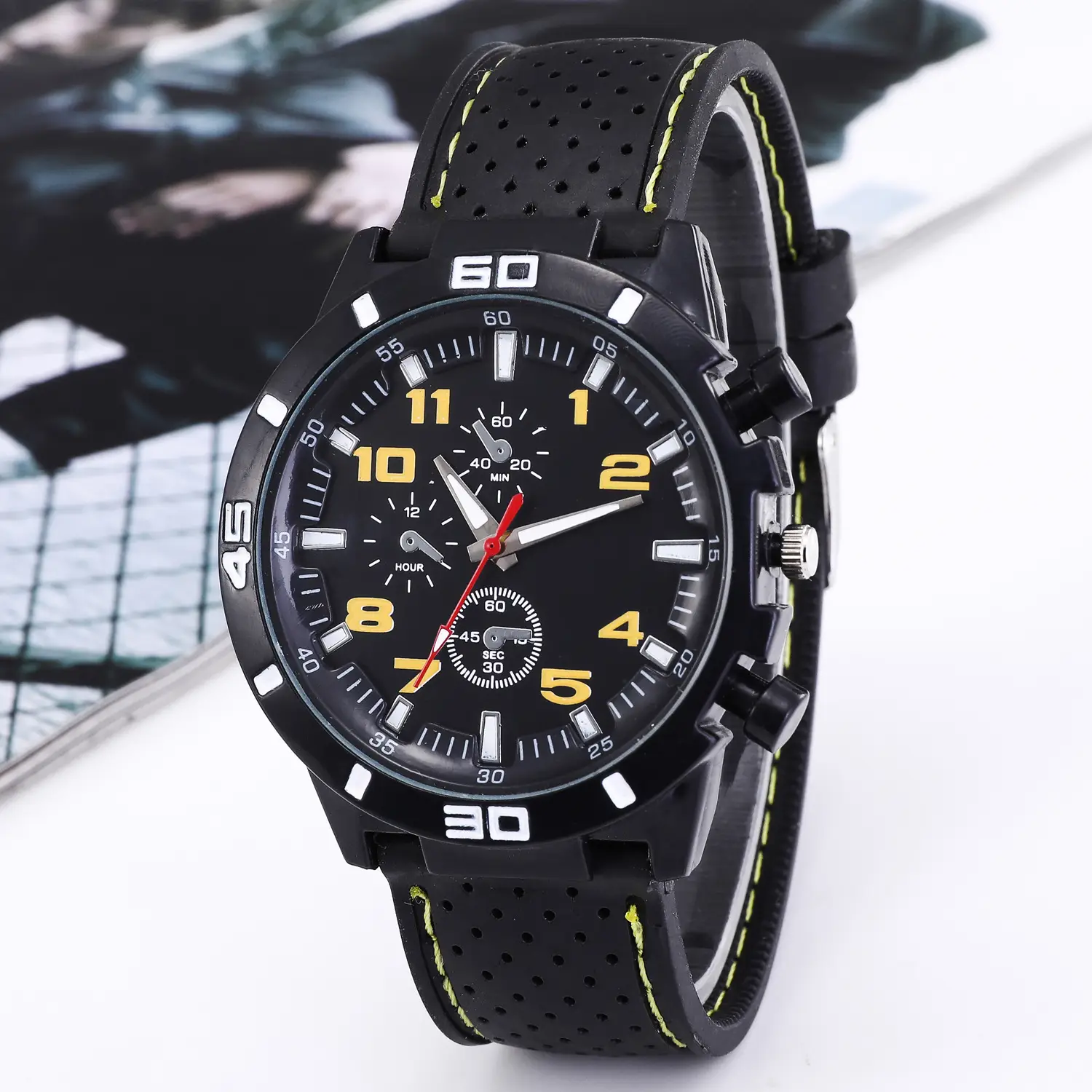 Men's Black Chronograph Silicone Strap Watch with Red Accents — feature 1